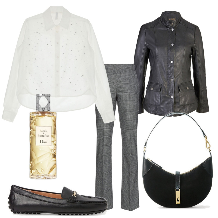 Outfit donna - Riunione. Stile Bon Ton per Ufficio. Abbinamento con blazer, profumi, pantaloni, camicie, borse a spalla, mocassini.