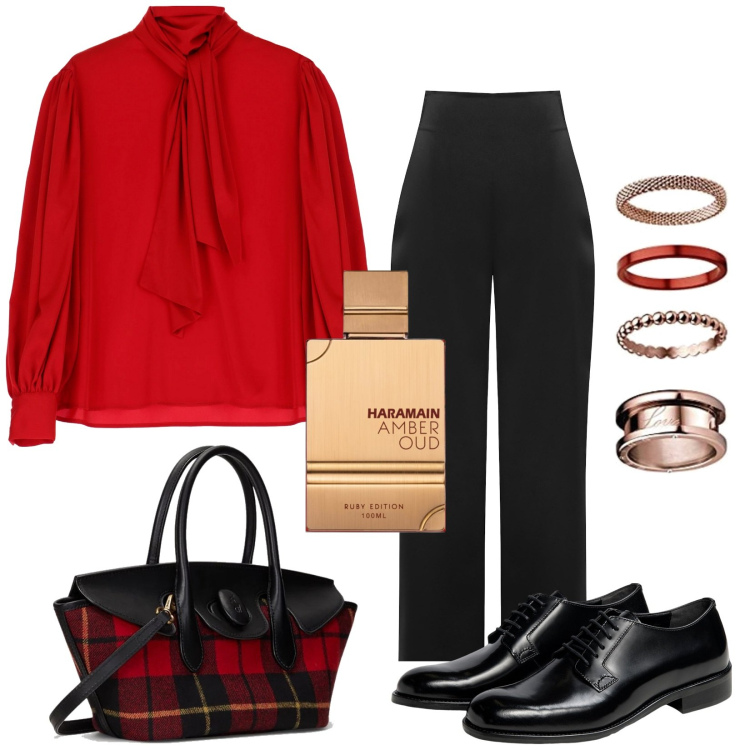 Outfit donna - La camicia con fusciacca. Stile Chic per Ufficio. Abbinamento con profumi, pantaloni a palazzo, camicie, borse a mano, anelli, scarpe stringate.