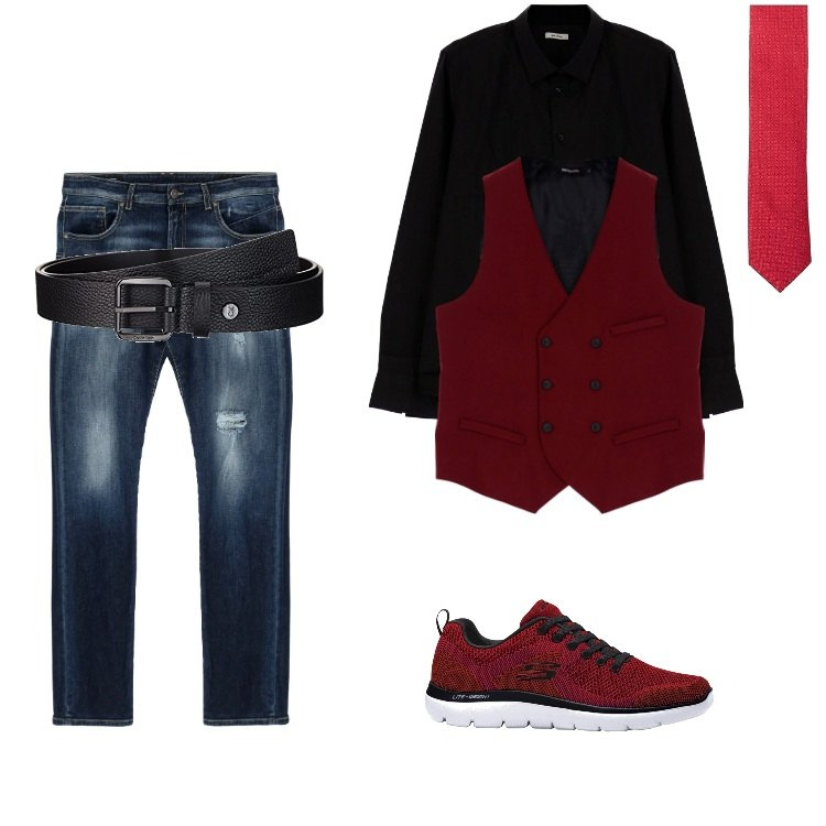 Outfit uomo - Gilet doppiopetto - Novembre. Stile Trendy per Ufficio. Abbinamento con scarpe sportive, camicie, gilet, jeans dritti, cinture, cravatte.