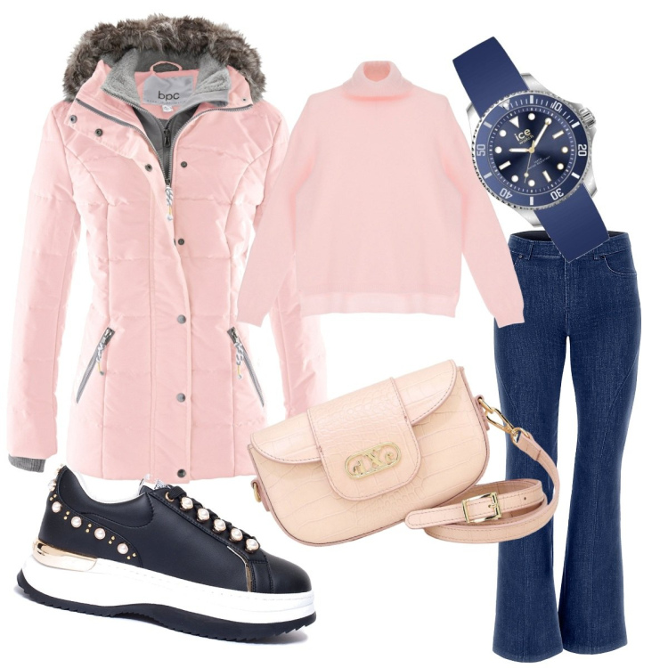 Outfit donna - Le Sneakers con le perle. Stile Casual per Tutti i giorni. Abbinamento con piumini, sneakers, maglieria, jeans skinny, pochette, orologi.