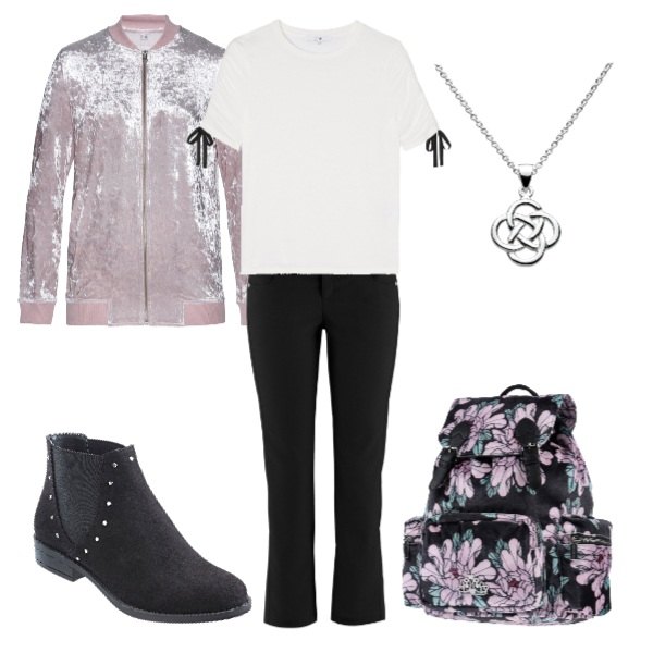 Outfit donna - Sportiva con lo zaino fiorato. Stile Basic per Scuola/Università. Abbinamento con pantaloni, giacca effetto lucido in velluto elasticizzato viola, stivaletti nero, borsa, t-shirt con fiocco e arricciature con scollo e orlo bianco, collana con nodi in sterling 925 argento.