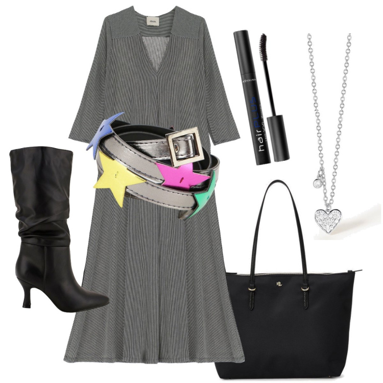 Outfit donna - La multicintura. Stile Trendy per Serata fuori. Abbinamento con mascara, collane, stivali, borse tote, vestiti lunghi, cinture.