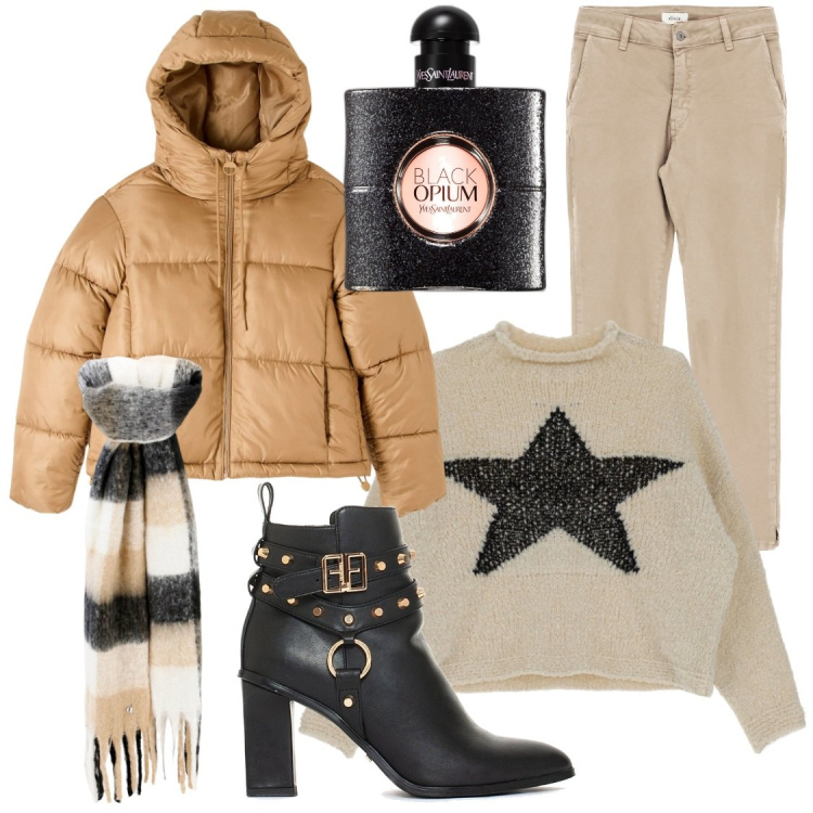Outfit donna - Total look #1769304. Stile Casual per Scuola/Università. Abbinamento con profumi, piumini, jeans slim fit, sciarpe, maglieria, stivaletti.