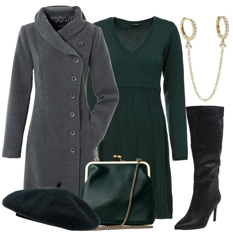 Outfit donna - In città. Stile Casual chic per Tutti i giorni. Abbinamento con cappotti, vestiti, stivali sopra il ginocchio, orecchini, clutch, cappelli e berretti.