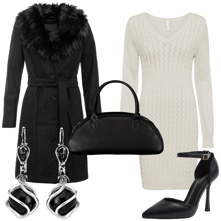 Outfit donna - Chic serata fuori- Abito in maglia. Stile Chic per Serata fuori. Abbinamento con vestiti, cappotti, décolleté, orecchini, borse a spalla.