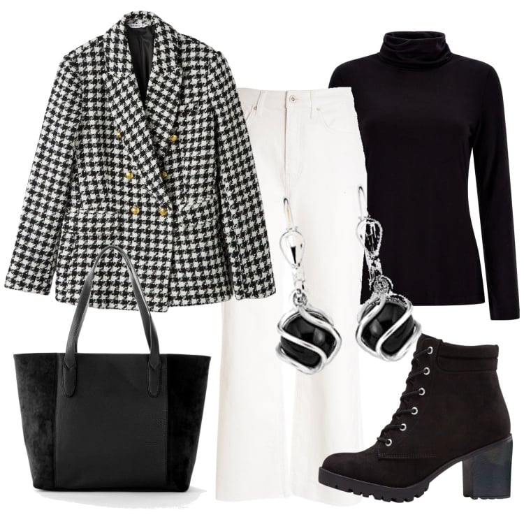 Outfit donna - Black and White. Stile Trendy per Serata fuori. Abbinamento con stivaletti, shopping bag, blazer, pantaloni culotte, maglieria, orecchini.