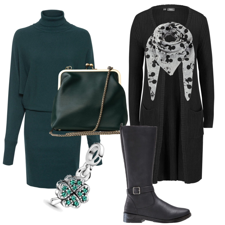 Outfit donna - Elegantemente curvy. Stile Casual chic per Ufficio. Abbinamento con vestiti, stivali, cardigans, foulard, clutch, ciondoli.