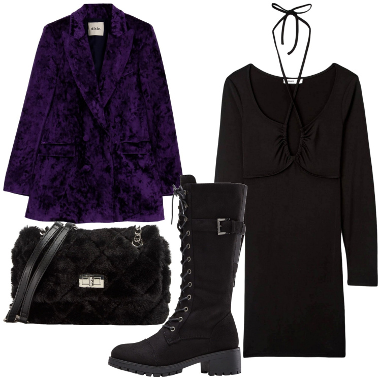 Outfit donna - Glamour serata fuori. Stile Glamour per Serata fuori. Abbinamento con stivali, vestiti corti, borse a spalla, cappotti.