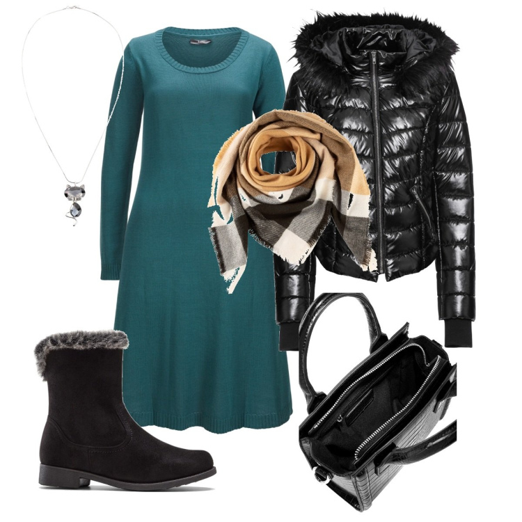 Outfit donna - Capi bonprix. Stile Casual chic per Tutti i giorni. Abbinamento con vestiti, cappotti, collane, borse a mano, stivali sopra il ginocchio, foulard.