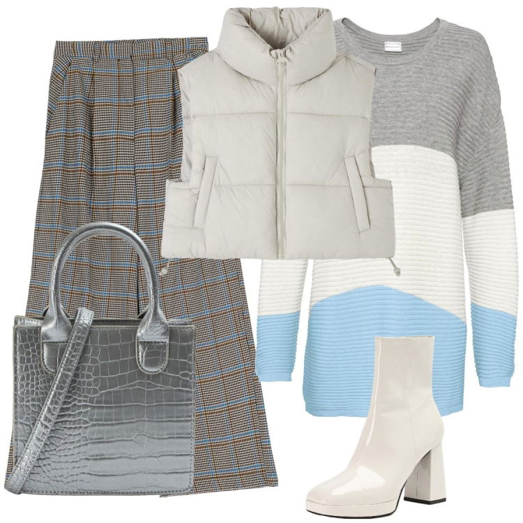 Outfit donna - Grigio cielo. Stile Casual chic per Ufficio. Abbinamento con maglieria, piumini, stivaletti, shopping bag, pantaloni a palazzo.