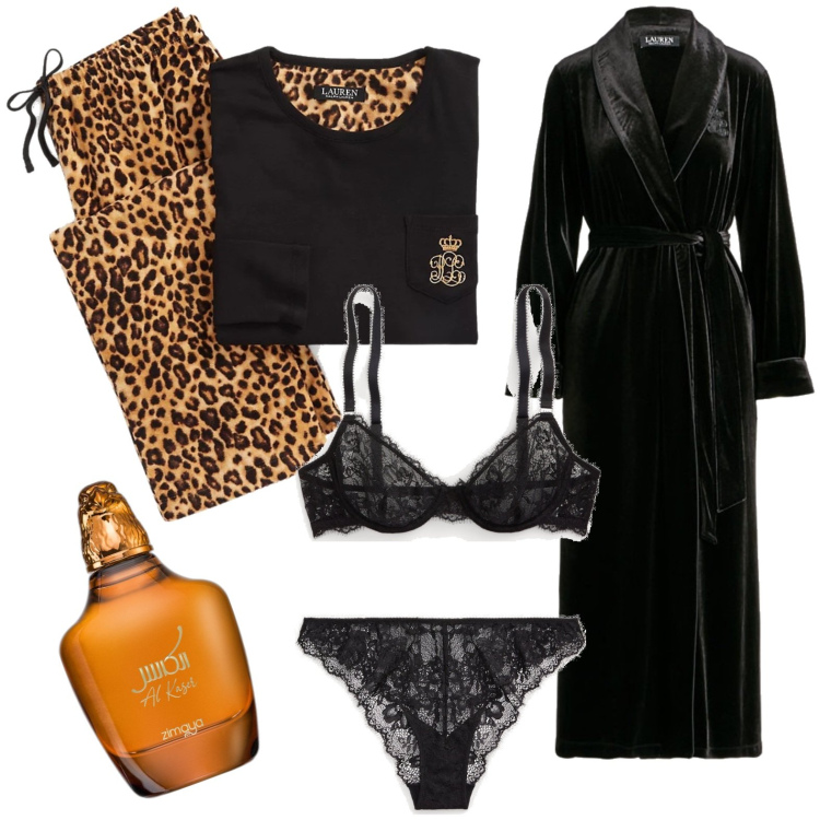 Outfit donna - Per la notte. Stile Casual chic per Tutti i giorni. Abbinamento con profumi, pigiama, reggiseni, perizomi, vestaglie.
