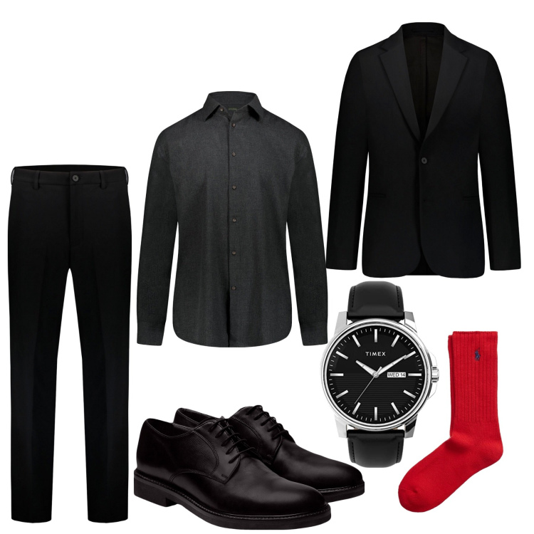 Outfit uomo - Stringate nere, calzino rosso. Stile Business/Elegante per Ufficio. Abbinamento con calzini, scarpe stringate, pantaloni, abiti, camicie, orologi analogici.
