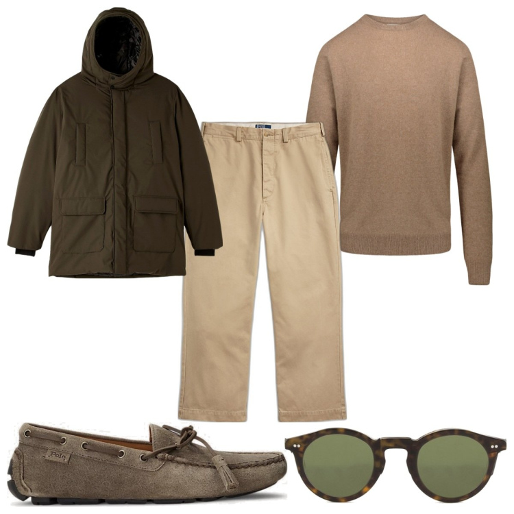 Outfit uomo - Total look #1769468. Stile Trendy per Tutti i giorni. Abbinamento con parka, scarpe stringate, pantaloni chino, maglieria, occhiali da sole.