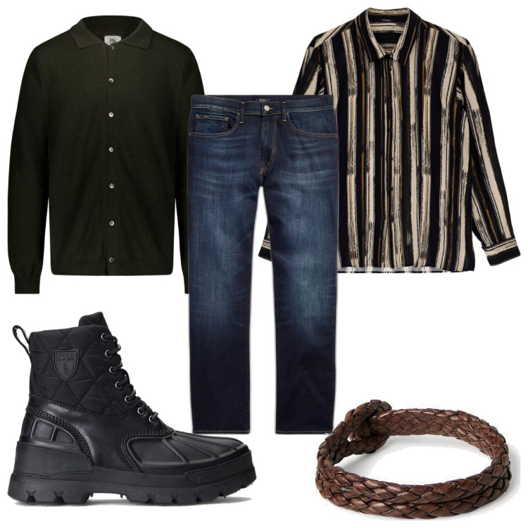 Outfit uomo - Total look #1769470. Stile Trendy per Tutti i giorni. Abbinamento con camicie, jeans dritti, braccialetti, stivali, polo.
