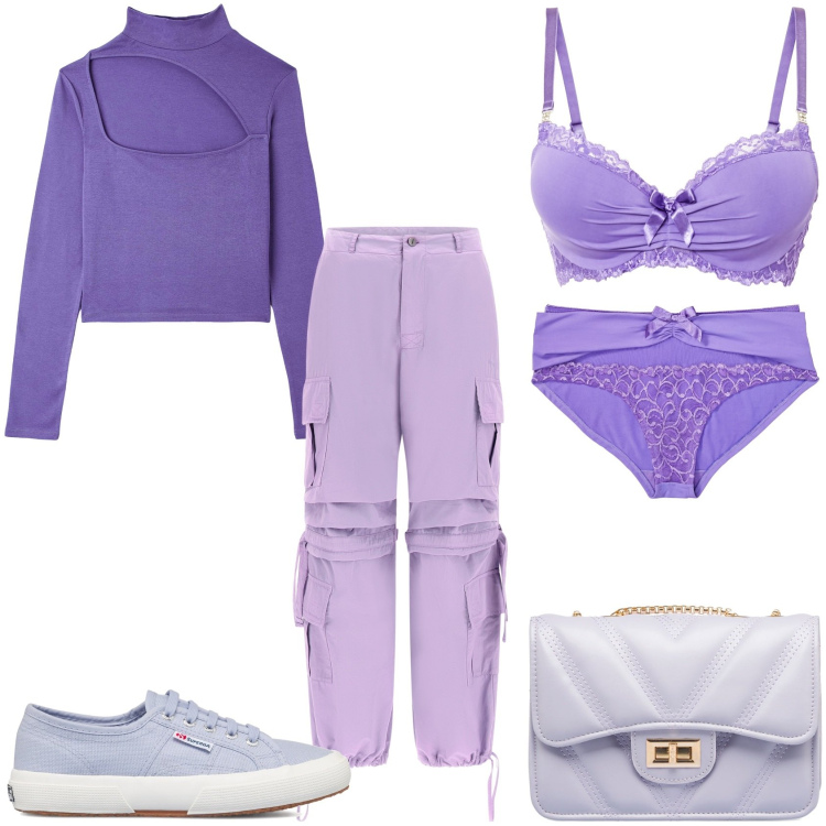 Outfit donna - Viola e lilla sportivo. Stile Casual chic per Tutti i giorni. Abbinamento con culotte, reggiseni, t-shirt, pantaloni cargo, borse a tracolla, sneakers.