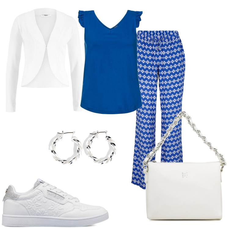Outfit donna - Pantalone fantasia e blusa. Stile Glamour per Tutti i giorni. Abbinamento con orecchini, top, pantaloni, blazer, borse a tracolla, sneakers.