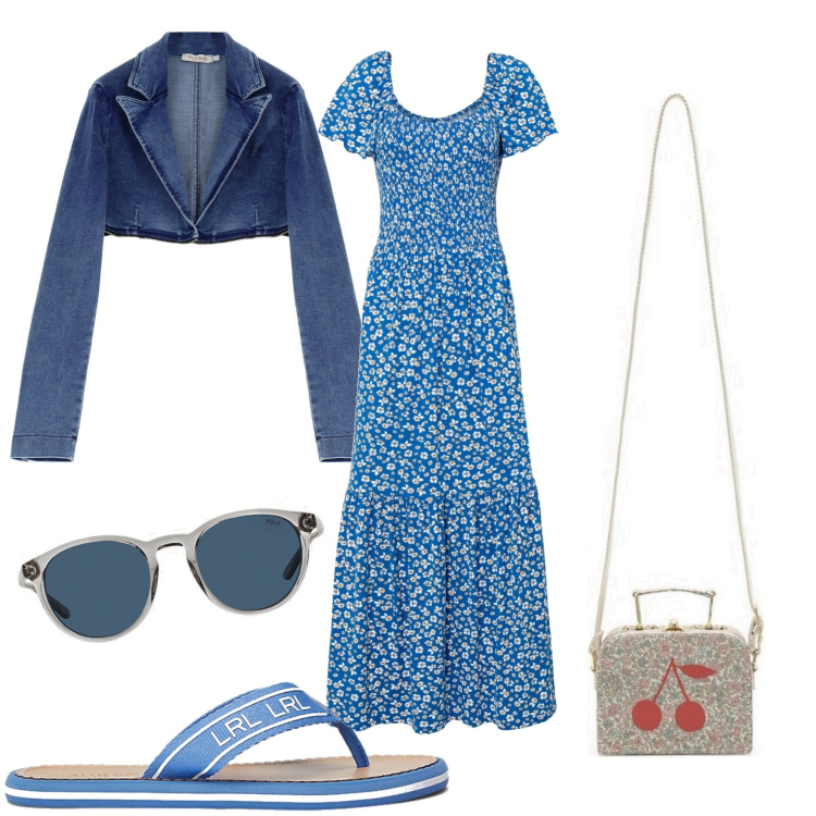 Outfit donna - In giro per la città di mare. Stile Glamour per Tutti i giorni. Abbinamento con vestiti lunghi, blazer, occhiali da sole, infradito, borse a tracolla.