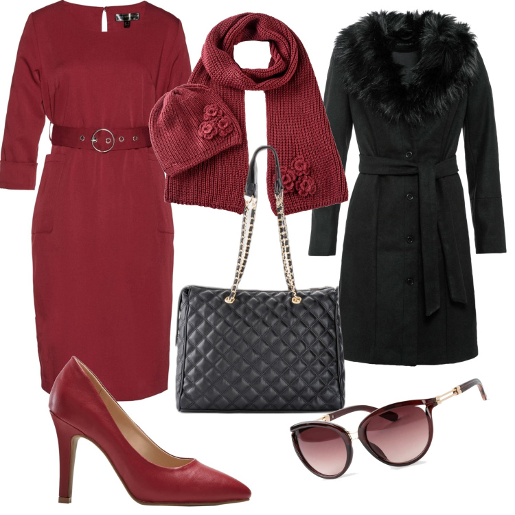 Outfit donna - Office in red. Stile Bon Ton per Ufficio. Abbinamento con shopping bag, occhiali da sole, vestiti, décolleté, cappotti, sciarpe.