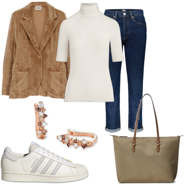 Outfit donna - Al lavoro in jeans e giacca. Stile Trendy per Ufficio. Abbinamento con jeans, giacche, maglieria, borse tote, orecchini, sneakers.