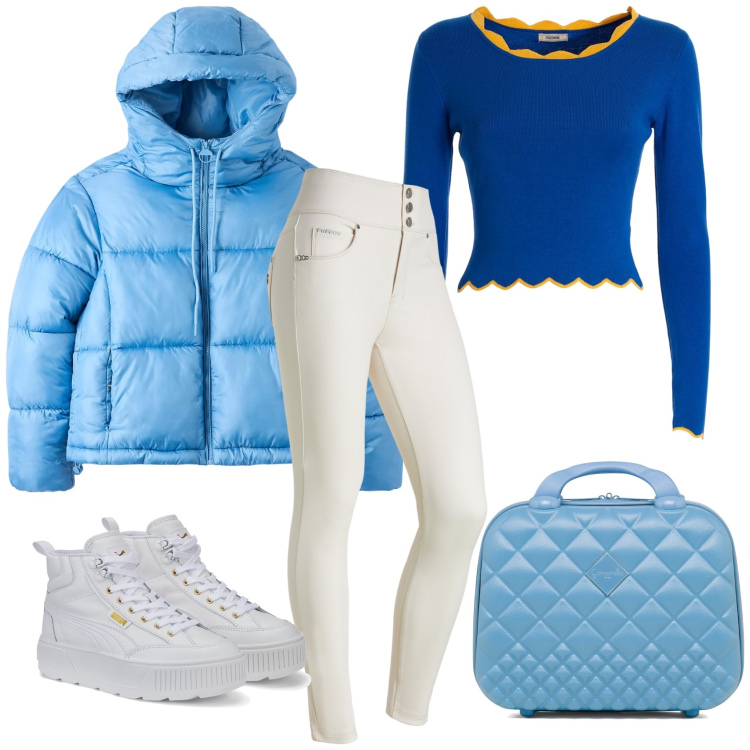 Outfit donna - Giornata fredda. Stile Casual chic per Tutti i giorni. Abbinamento con piumini, maglieria, pantaloni skinny, sneakers alte, valigie.