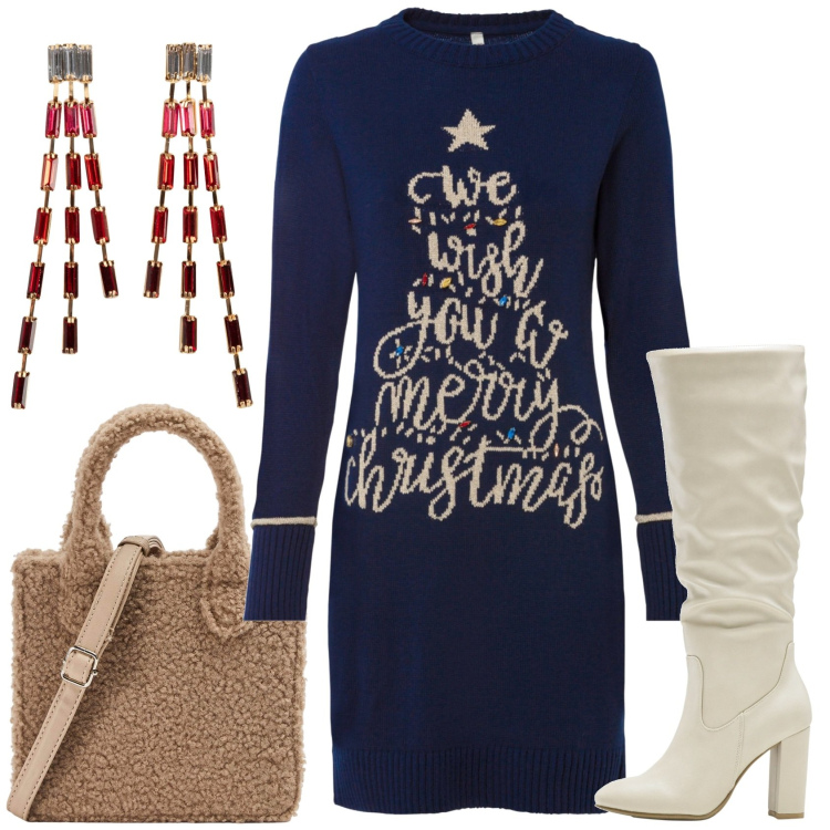 Outfit donna - Natale a casa dei tuoi. Stile Casual per Serata fuori. Abbinamento con orecchini, vestiti, stivali sopra il ginocchio, shopping bag.
