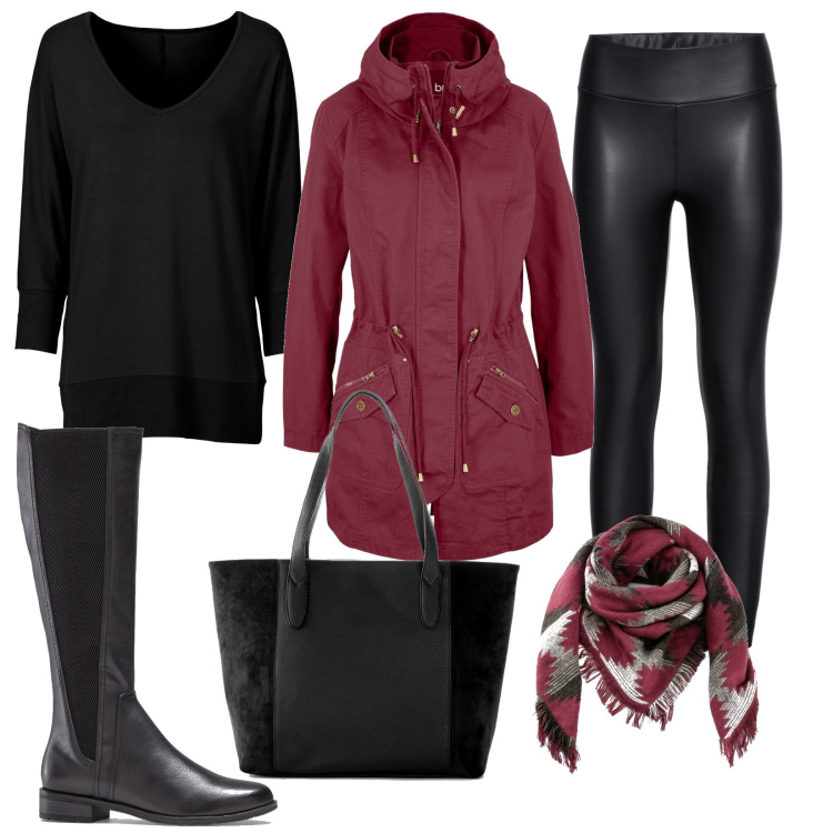 Outfit donna - Bonprix black Friday. Stile Basic per Tutti i giorni. Abbinamento con leggings, shopping bag, parka, maglieria, stivali sopra il ginocchio, foulard.