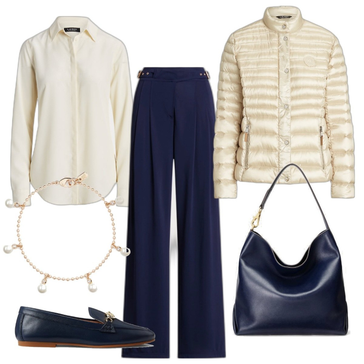 Outfit donna - Mannish chic. Stile Mannish per Ufficio. Abbinamento con camicie, pantaloni, mocassini, braccialetti, borse a spalla, piumini.