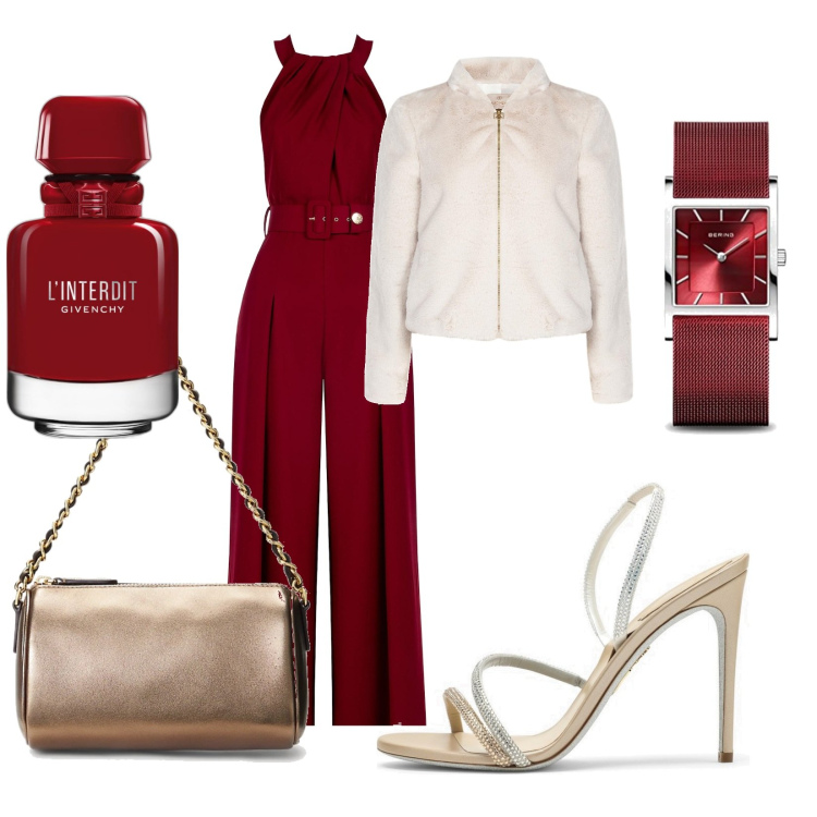 Outfit donna - Magenta oro bianco. Stile Bon Ton per Serata fuori. Abbinamento con profumi, tute, blazer, borse a spalla, orologi, sandali col tacco.