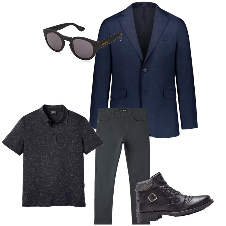 Outfit uomo - Pronto per ufficio. Stile Business/Elegante per Ufficio. Abbinamento con polo, stivali e stivaletti, pantaloni skinny, abiti, occhiali da sole.