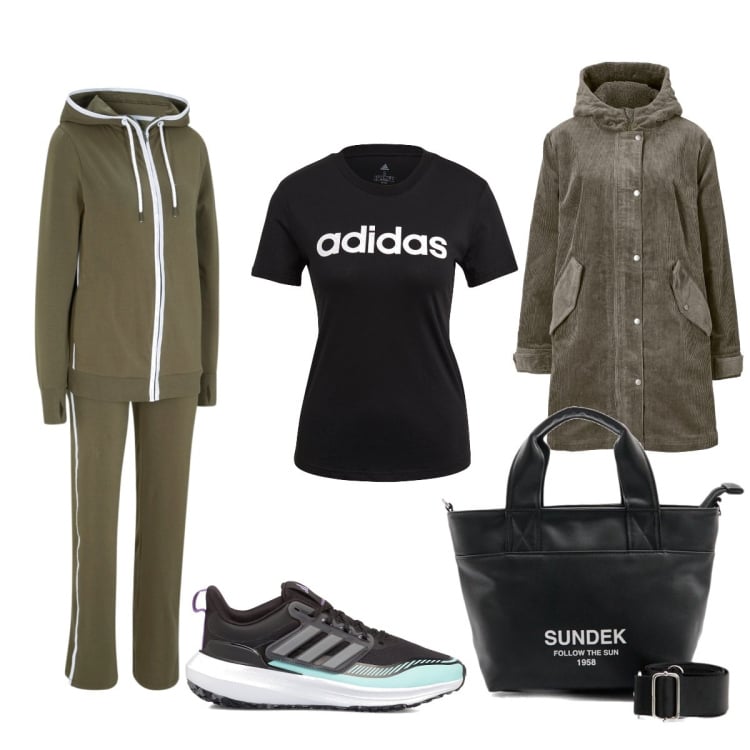 Outfit donna - Ready to go. Stile Sporty chic per Sport. Abbinamento con parka, tute sportive, t-shirt, scarpe sportive, borse a mano.