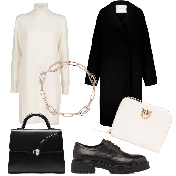 Outfit donna - Bon ton Winter. Stile Bon Ton per Ufficio. Abbinamento con braccialetti, portafogli, scarpe stringate, cappotti, vestiti, borse a mano.