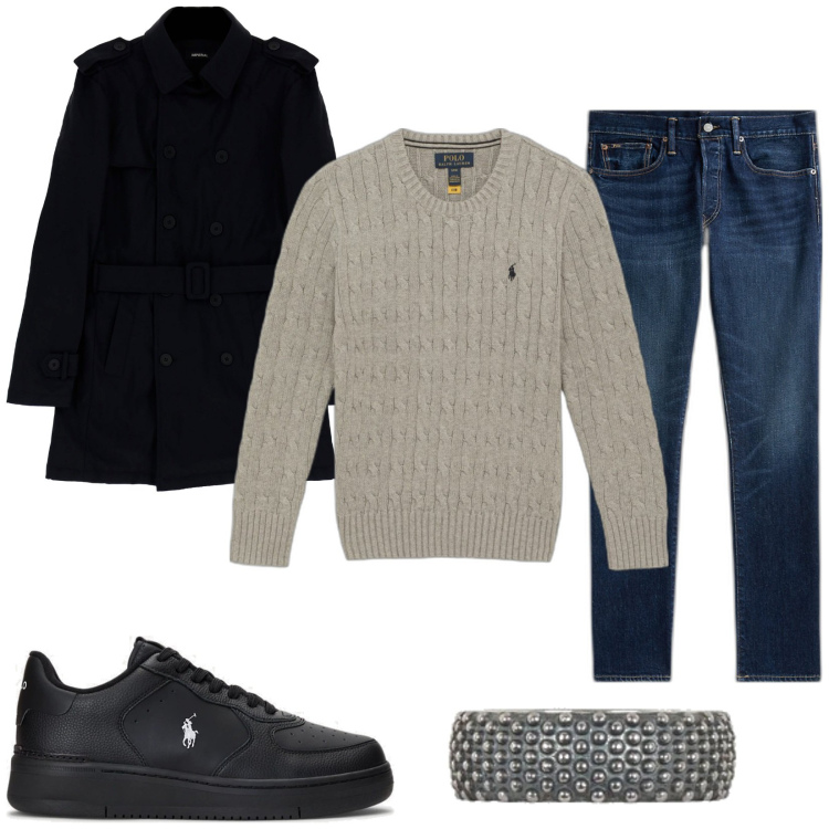 Outfit uomo - Maglione a trecce. Stile Urban per Tutti i giorni. Abbinamento con cappotti, sneakers, jeans, maglieria, anelli.