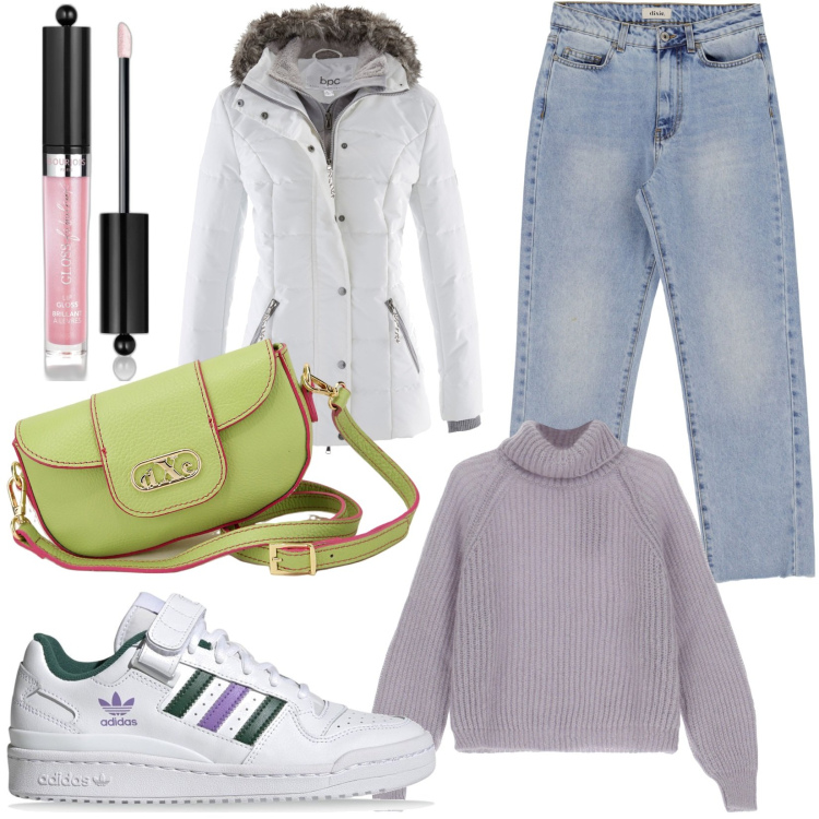 Outfit donna - Casual giorno. Stile Casual per Tutti i giorni. Abbinamento con piumini, gloss, maglieria, jeans dritti, pochette, sneakers.