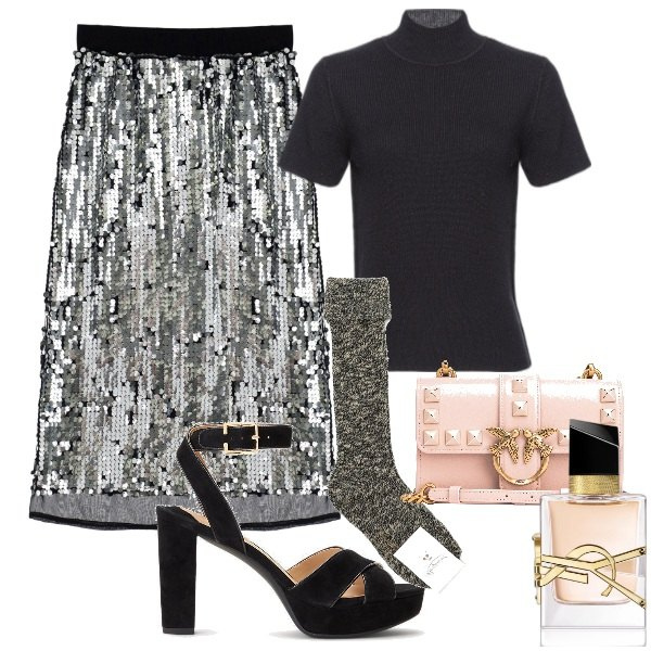 Outfit donna - Sandali e calzini. Stile Glamour per Serata fuori. Abbinamento con profumi, gonne longuette, maglieria, borse a tracolla, sandali, calzini.