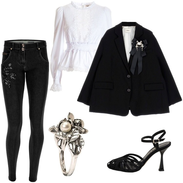 Outfit donna - Black Week - Novembre. Stile Vintage retrò per Serata fuori. Abbinamento con bluse, jeans skinny, cappotti, sandali in pelle, anelli.