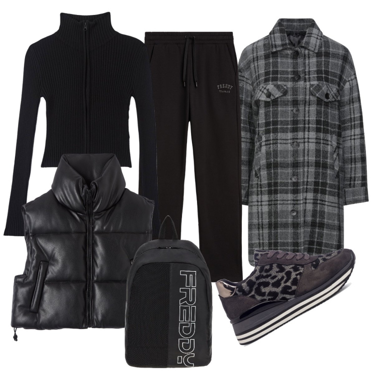 Outfit donna - Black casual. Stile Casual per Ufficio. Abbinamento con cappotti, maglieria, piumini, zaini, pantaloni, sneakers.