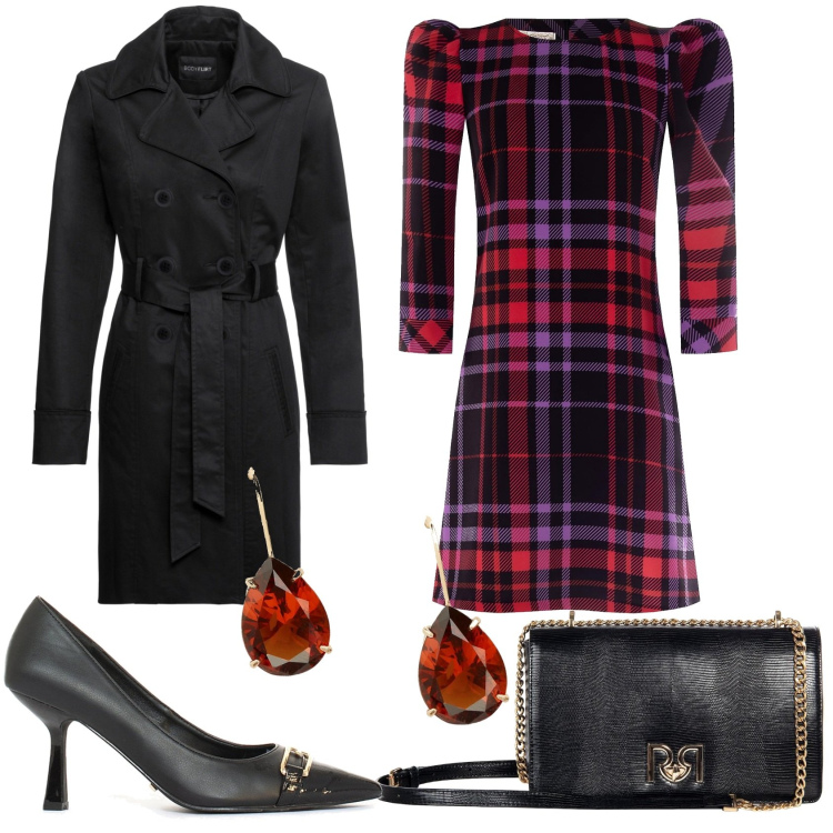 Outfit donna - Scozzese elegante. Stile Chic per Serata fuori. Abbinamento con trench, borse a tracolla, vestiti corti, décolleté, orecchini.