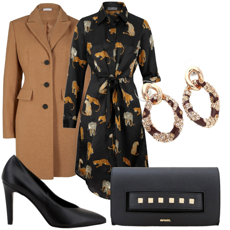 Outfit donna - Vestito grintoso e cappotto. Stile Glamour per Tutti i giorni. Abbinamento con vestiti chemisier, cappotti, pochette, décolleté, orecchini.