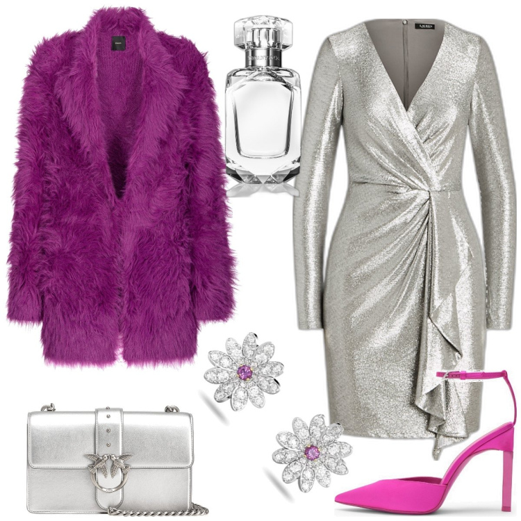 Outfit donna - Capodanno in argento. Stile Glamour per Serata fuori. Abbinamento con profumi, cappotti, borse a tracolla, vestiti, orecchini, décolleté.