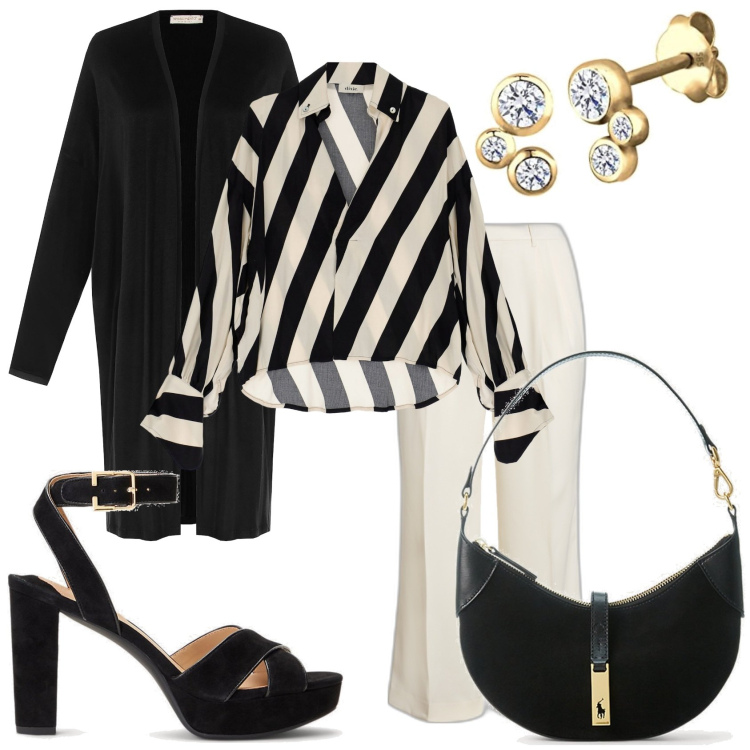 Outfit donna - A righe e pantalone bianco. Stile Glamour per Tutti i giorni. Abbinamento con cardigans, borse a spalla, sandali, pantaloni, camicie, orecchini.