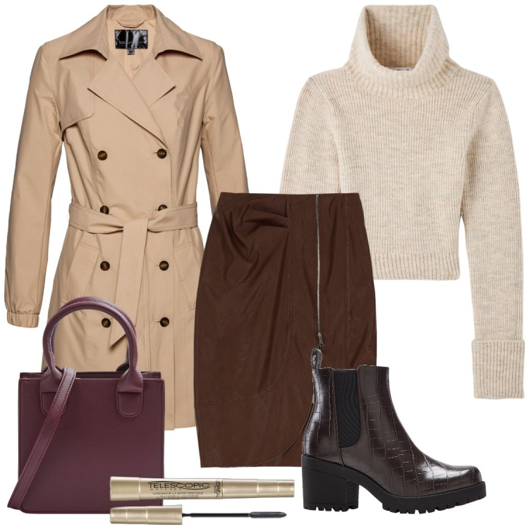 Outfit donna - Gonna midi con spacco e zip. Stile Trendy per Ufficio. Abbinamento con stivaletti chelsea, trench, mascara, maglieria, shopping bag, gonne longuette.