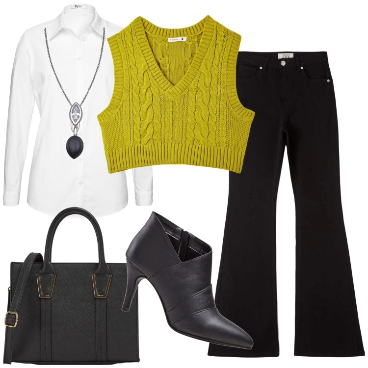 Outfit donna - In città. Stile Casual chic per Tutti i giorni. Abbinamento con camicie, stivaletti, pantaloni, maglieria, shopping bag, collane.