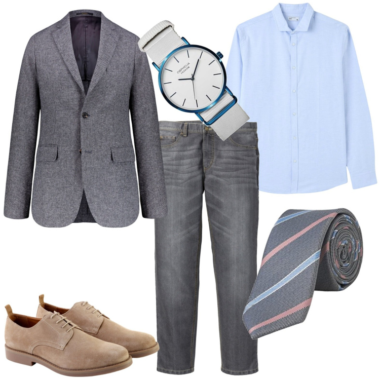 Outfit uomo - A colloquio. Stile Urban per Ufficio. Abbinamento con jeans dritti, camicie, cappotti, orologi analogici, cravatte, scarpe stringate.