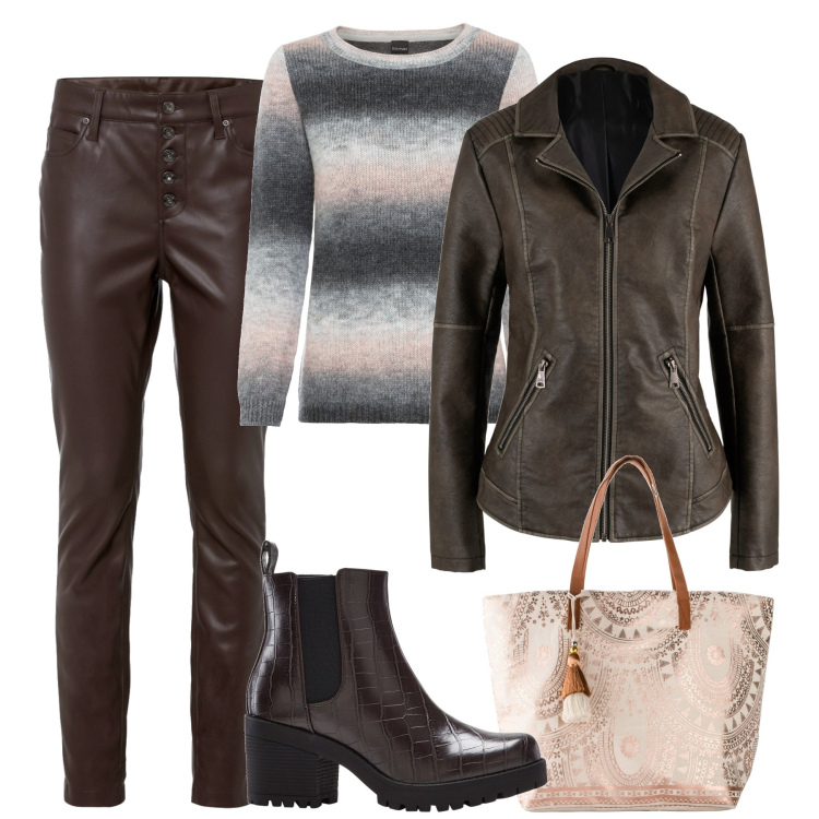 Outfit donna - Skin. Stile Trendy per Tutti i giorni. Abbinamento con maglieria, pantaloni, blazer, shopping bag, stivaletti chelsea.