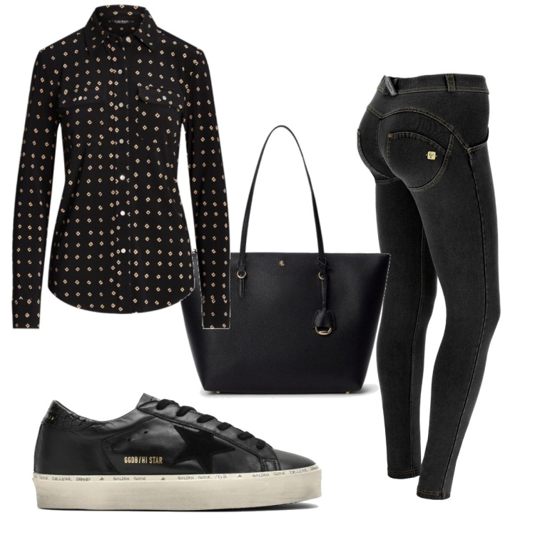Outfit donna - Total look #1769894. Stile Casual per Tutti i giorni. Abbinamento con jeggings, camicie, borse tote, sneakers.