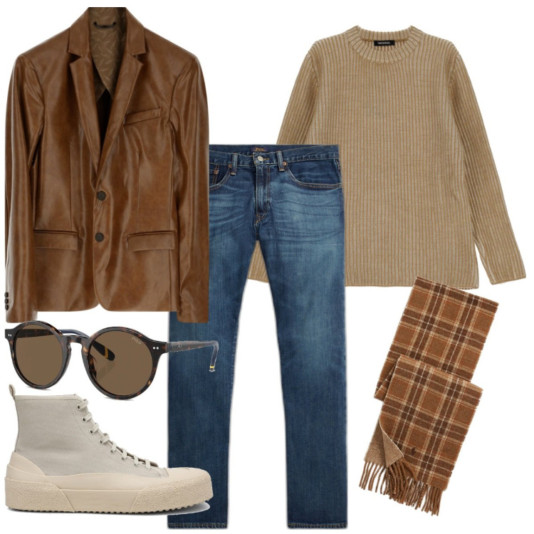 Outfit uomo - Giacca in ecopelle. Stile Trendy per Tutti i giorni. Abbinamento con giacche, pullovers, jeans dritti, sciarpe, occhiali da sole, sneakers alte.