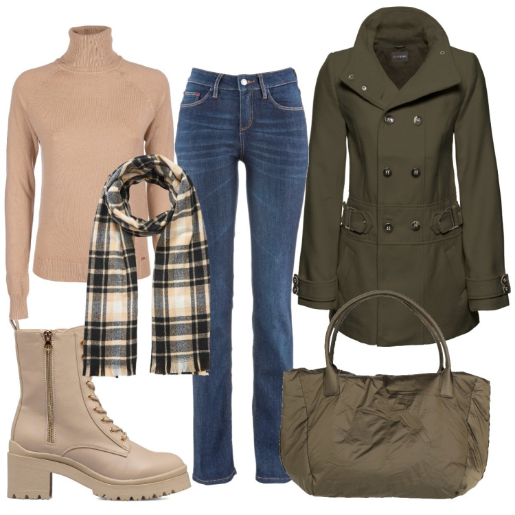 Outfit donna - Casual con brio. Stile Casual per Tutti i giorni. Abbinamento con jeans dritti, cappotti, borse a mano, sciarpe, maglieria, anfibi.