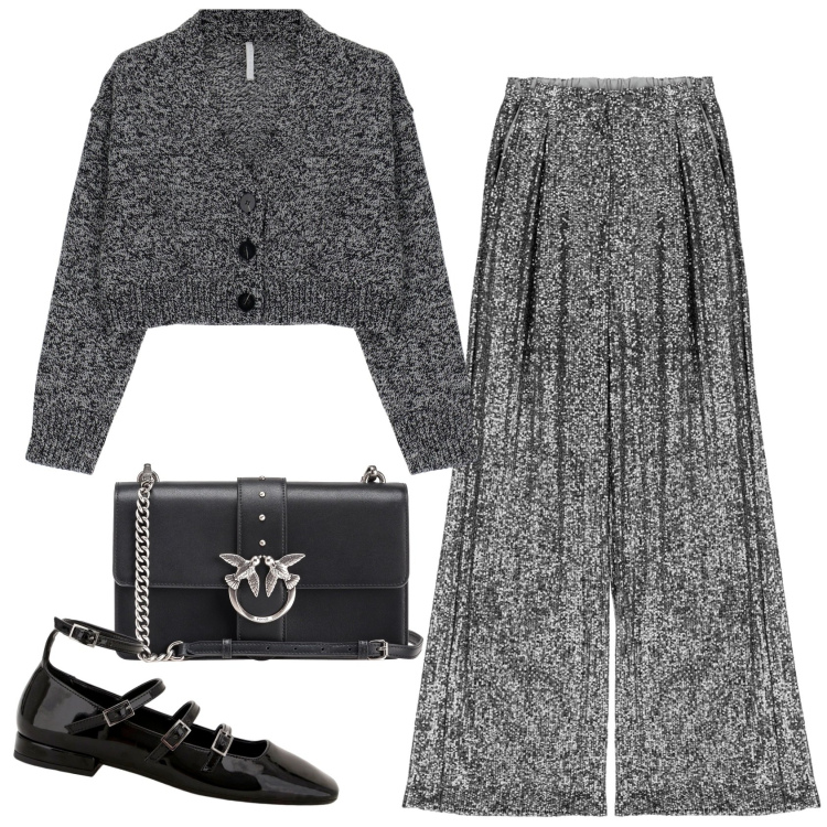 Outfit donna - Total look Grey. Stile Glamour per Serata fuori. Abbinamento con borse a tracolla, cardigans, ballerine, pantaloni a palazzo.