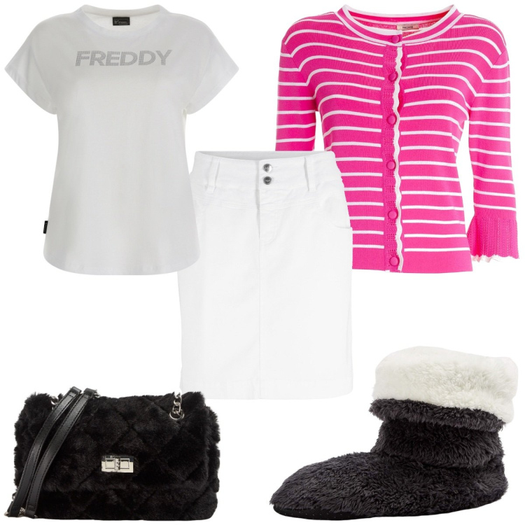 Outfit donna - Total look #1769931. Stile Trendy per Tutti i giorni. Abbinamento con minigonne, stivaletti, borse a spalla, cardigans, t-shirt.