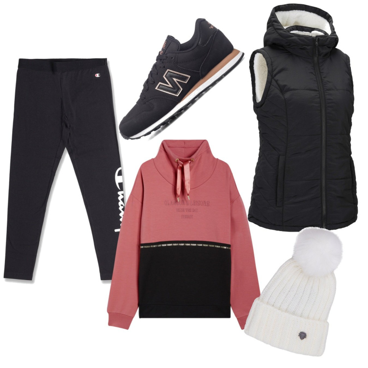 Outfit donna - Vado in palestra 2. Stile Sporty chic per Sport. Abbinamento con gilet, felpe, sneakers, leggings, cappelli.
